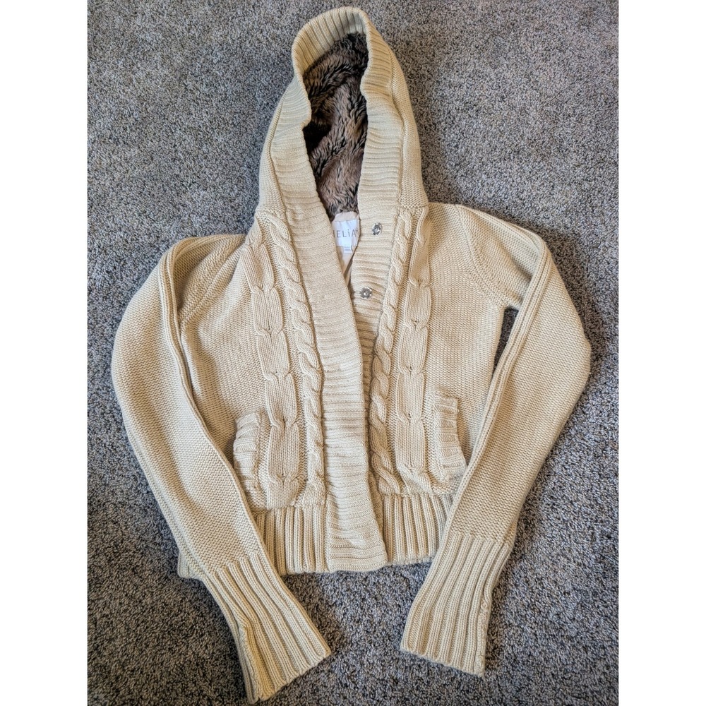 dELiAs Cream Cable Knit Hooded Cardigan Faux Fur Trim Snap Front XS Y2K